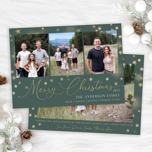May include: A green Christmas card with gold stars and a family photo collage. The text reads "Merry Christmas 2023 The Anderson Family mark | sienna | jordan | thomas | rose Wishing you joy & happiness this holiday season and a happy new year! Love Mark Sienna Jordan Thomas Rose"