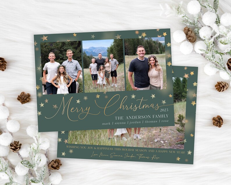 May include: A green Christmas card with gold stars and a family photo collage. The text reads "Merry Christmas 2023 The Anderson Family mark | sienna | jordan | thomas | rose Wishing you joy & happiness this holiday season and a happy new year! Love Mark Sienna Jordan Thomas Rose"