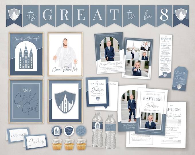 LDS Baptism Kit | LDS Baptism Invitation Boy | Baptism Decorations | Editable Baptism Program | Baptism Printable | Corjl