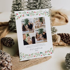 May include: A Christmas card with a green and red floral border. The card features four photos of a family with a young child. The text on the card reads "May your family be abundantly blessed with health, happiness, and prosperity in the New Year! The Rasfield Family 2024."