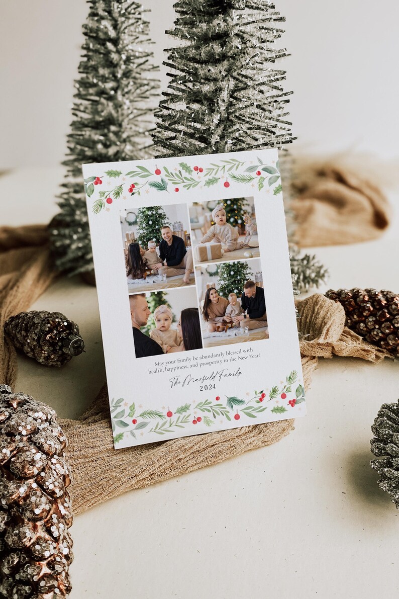 May include: A Christmas card with a green and red floral border. The card features four photos of a family with a young child. The text on the card reads "May your family be abundantly blessed with health, happiness, and prosperity in the New Year! The Rasfield Family 2024."