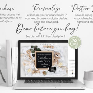 K&ouml;nnte beinhalten: Ein Laptop-Bildschirm zeigt eine digitale Designvorlage f&uuml;r eine Baby-Ank&uuml;ndigung. Das Design zeigt eine Kreidetafel mit dem Text "We've been keeping a little secret, Baby Olsen, September 2023". Das Design enth&auml;lt auch einen Teddyb&auml;r, ein Holzspielzeug und ein kleines Ultraschallbild.