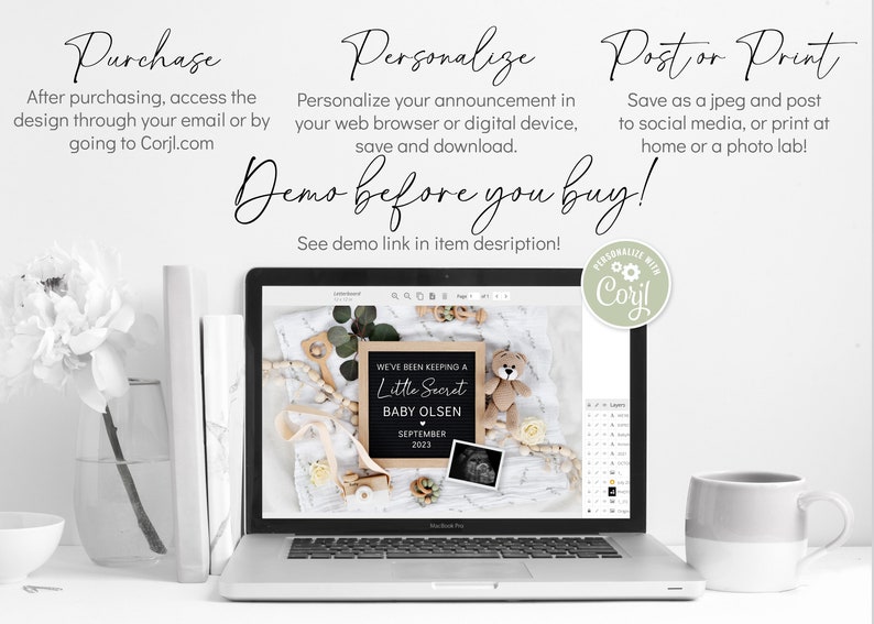 K&ouml;nnte beinhalten: Ein Laptop-Bildschirm zeigt eine digitale Designvorlage f&uuml;r eine Baby-Ank&uuml;ndigung. Das Design zeigt eine Kreidetafel mit dem Text "We've been keeping a little secret, Baby Olsen, September 2023". Das Design enth&auml;lt auch einen Teddyb&auml;r, ein Holzspielzeug und ein kleines Ultraschallbild.