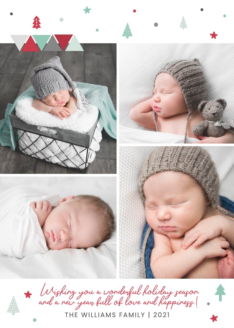 May include: A collage of four photos of a sleeping baby wearing a knitted hat. The photos are arranged in a grid pattern. The baby is wearing a different outfit in each photo. The background of the photos is white. The text "Wishing you a wonderful holiday season and a new year full of love and happiness! THE WILLIAMS FAMILY | 2021" is at the bottom of the collage.