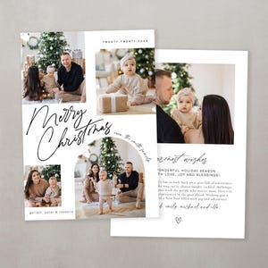 May include: A Christmas card with a collage of photos of a family with a baby. The card has a white background with black text that says "Merry Christmas" and "Warmest Wishes". The text also says "Garrett, Peter & Isabelle" and "Twenty Twenty-Four".