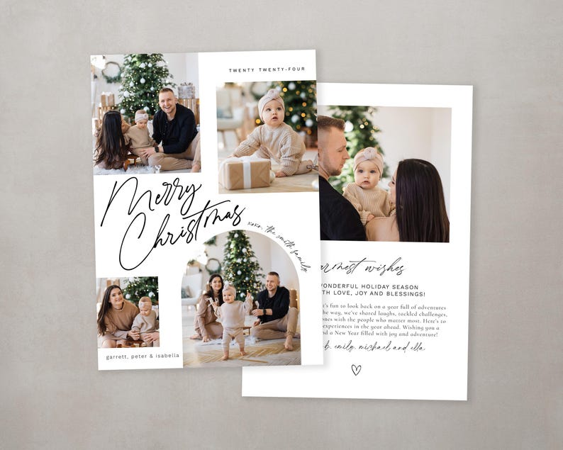 May include: A Christmas card with a collage of photos of a family with a baby. The card has a white background with black text that says "Merry Christmas" and "Warmest Wishes". The text also says "Garrett, Peter & Isabelle" and "Twenty Twenty-Four".