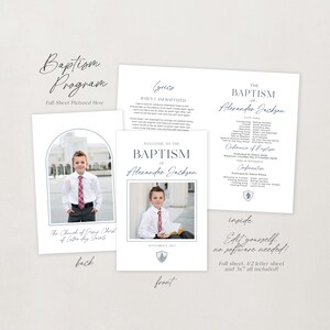 May include: A white baptism program with a blue and gray crest. The front features a photo of a young boy in a white shirt and tie, holding a book. The back features a photo of the same boy in a suit and tie, standing in front of a church. The text on the front reads "Welcome to the Baptism of Alexander Jackson". The text on the back reads "The Church of Jesus Christ of Latter-day Saints".