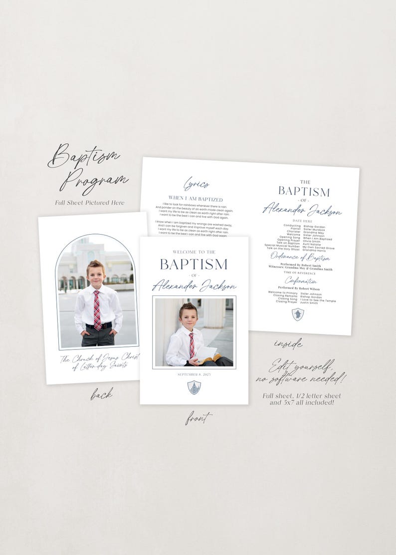 May include: A white baptism program with a blue and gray crest. The front features a photo of a young boy in a white shirt and tie, holding a book. The back features a photo of the same boy in a suit and tie, standing in front of a church. The text on the front reads "Welcome to the Baptism of Alexander Jackson". The text on the back reads "The Church of Jesus Christ of Latter-day Saints".