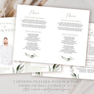 May include: A set of baptism announcement cards with a watercolor illustration of a religious figure. The cards feature song lyrics and the text "WELCOME TO THE BAPTISM of TAYLOR WILSON". The design includes green leaf accents.
