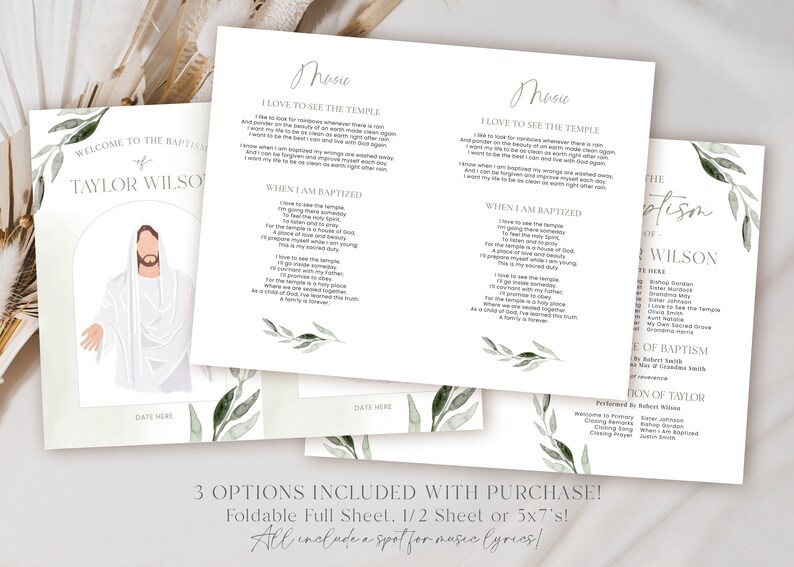 May include: A set of baptism announcement cards with a watercolor illustration of a religious figure. The cards feature song lyrics and the text "WELCOME TO THE BAPTISM of TAYLOR WILSON". The design includes green leaf accents.
