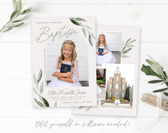 Customizable LDS Baptism Invitation for Girls | Olive Leaf Design | Corjl Template for Baptism Announcements
