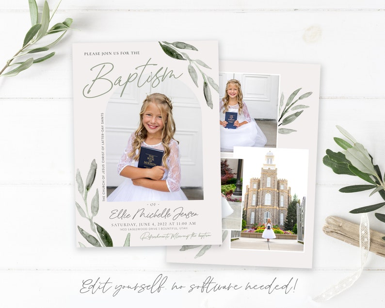 Customizable LDS Baptism Invitation for Girls Olive Leaf Design Corjl Template for Baptism Announcements image 1