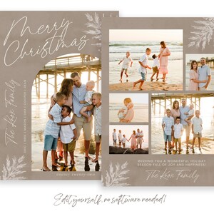 May include: A Christmas card featuring a family of six on a beach. The card has a tan background with white floral accents and the text "Merry Christmas" and "The Koox Family".