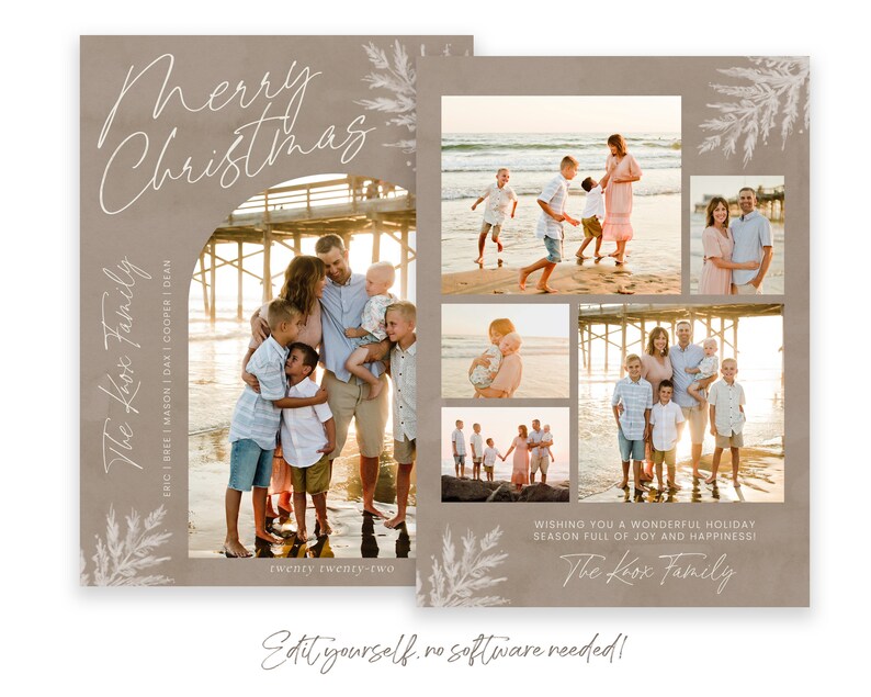 May include: A Christmas card featuring a family of six on a beach. The card has a tan background with white floral accents and the text "Merry Christmas" and "The Koox Family".