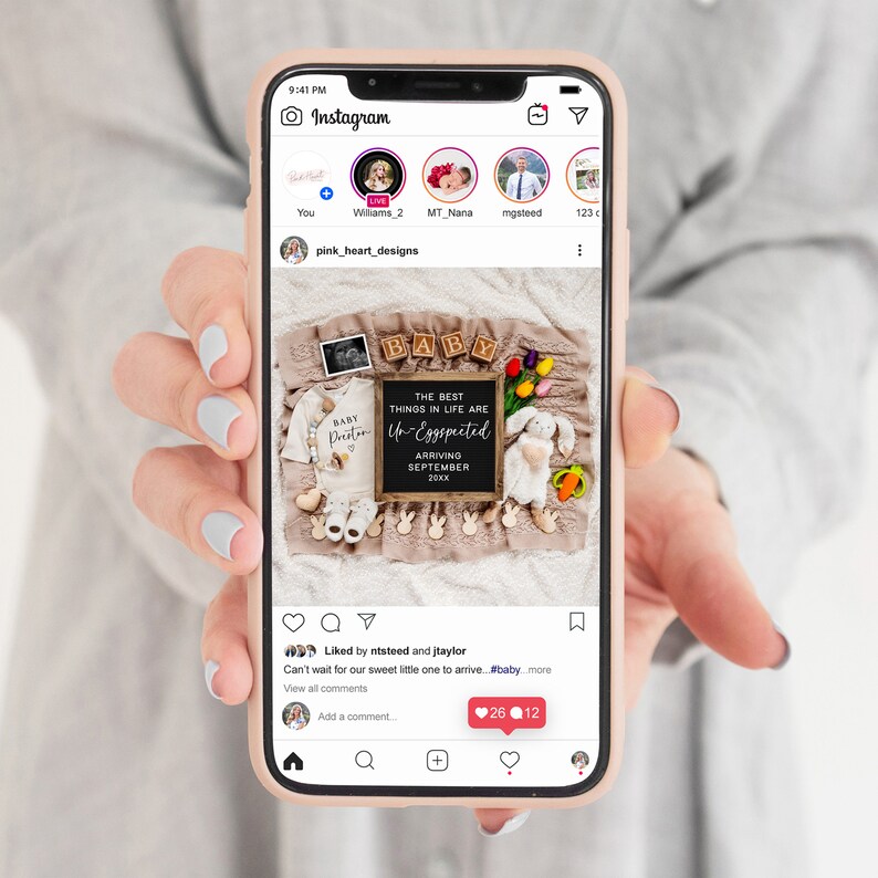 May include: A phone screen displaying an Instagram post announcing a baby's arrival. The post features a photo of a baby announcement with the text "The best things in life are Un-Eggspected" and "Arriving September 20XX". The post also includes a photo of a baby outfit and a bunny rabbit toy.