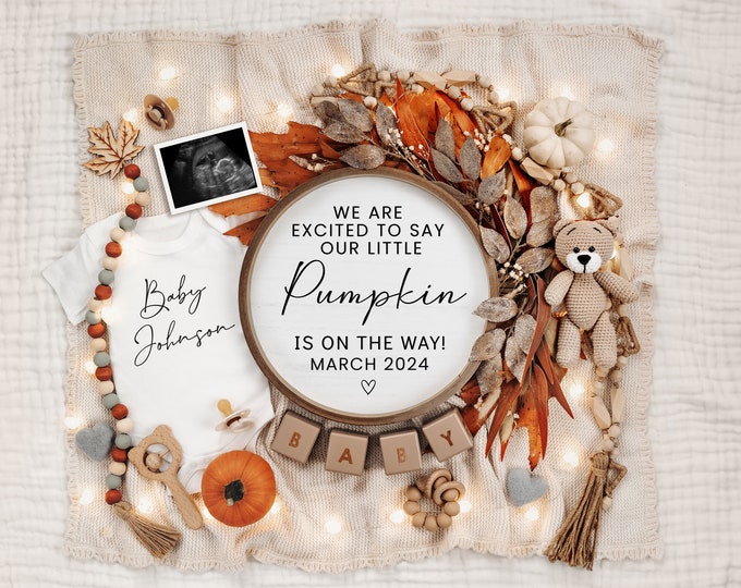 Fall Digital Pregnancy Announcement, Pumpkin Gender Reveal, Neutral, Social Media, Facebook, Instagram, Sonogram, Fall Baby Announcement