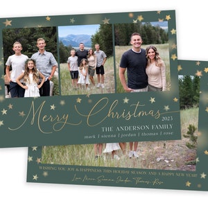 May include: A Christmas card with a green background and gold stars. The card features a collage of photos of a family. The text "Merry Christmas 2023" is written in gold script. The text "The Anderson Family" is written in black below the greeting. The names "mark | sienna | jordan | thomas | rose" are written in black below the family name. The text "Wishing you joy & happiness this holiday season and a happy new year!" is written in black at the bottom of the card. The text "Love Mark, Sienna, Jordan, Thomas, Rose" is written in black below the greeting.