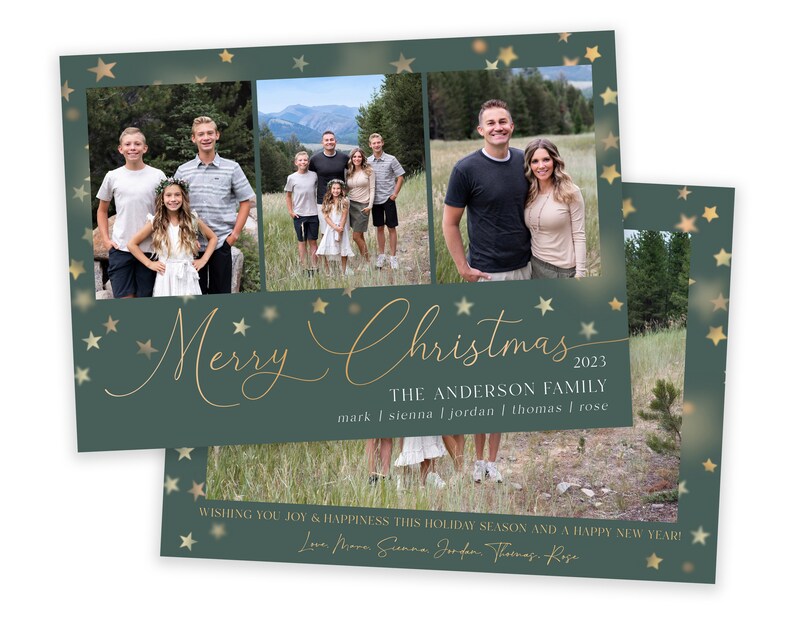 May include: A Christmas card with a green background and gold stars. The card features a collage of photos of a family. The text "Merry Christmas 2023" is written in gold script. The text "The Anderson Family" is written in black below the greeting. The names "mark | sienna | jordan | thomas | rose" are written in black below the family name. The text "Wishing you joy & happiness this holiday season and a happy new year!" is written in black at the bottom of the card. The text "Love Mark, Sienna, Jordan, Thomas, Rose" is written in black below the greeting.