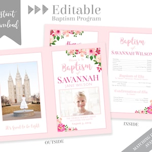Baptism Program Template Girl, LDS Baptism Program, Floral Program Instant Download , Photo Baptism Template