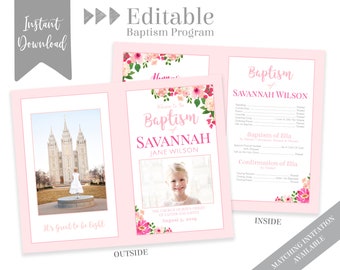 Baptism Program Template Girl, LDS Baptism Program, Floral Program Instant Download , Photo Baptism Template