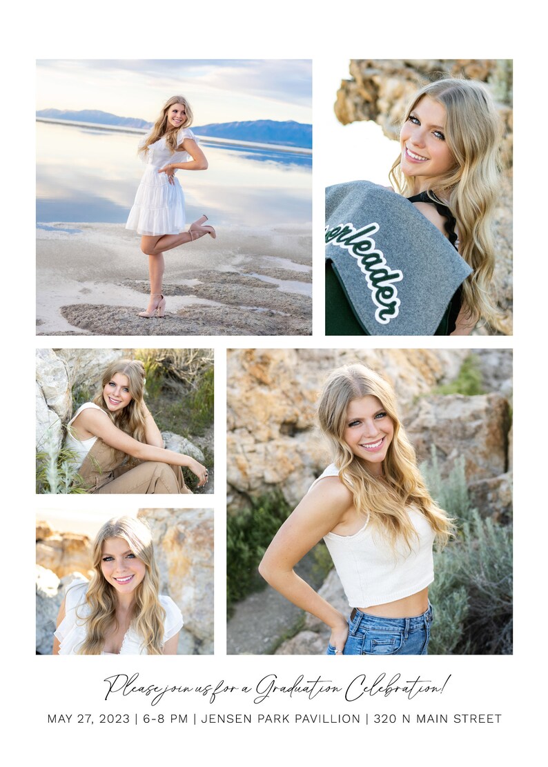 May include: A collage of four photos of a young woman in different outfits. The photos are arranged in a grid pattern. The woman is smiling in all of the photos. The text "Please join us for a Graduation Celebration!" is at the bottom of the collage. The text "MAY 27, 2023 | 6-8 PM | JENSEN PARK PAVILLION | 320 N MAIN STREET" is below the text "Please join us for a Graduation Celebration!"