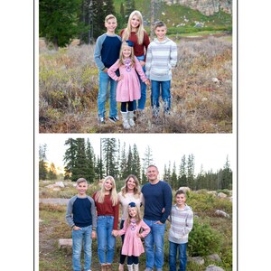 May include: A family of seven poses for a Christmas photo in a field. The family is wearing casual clothing and smiling. The photo is taken in front of a mountain range. The text "CHRISTMAS 2020" is printed at the bottom of the photo.
