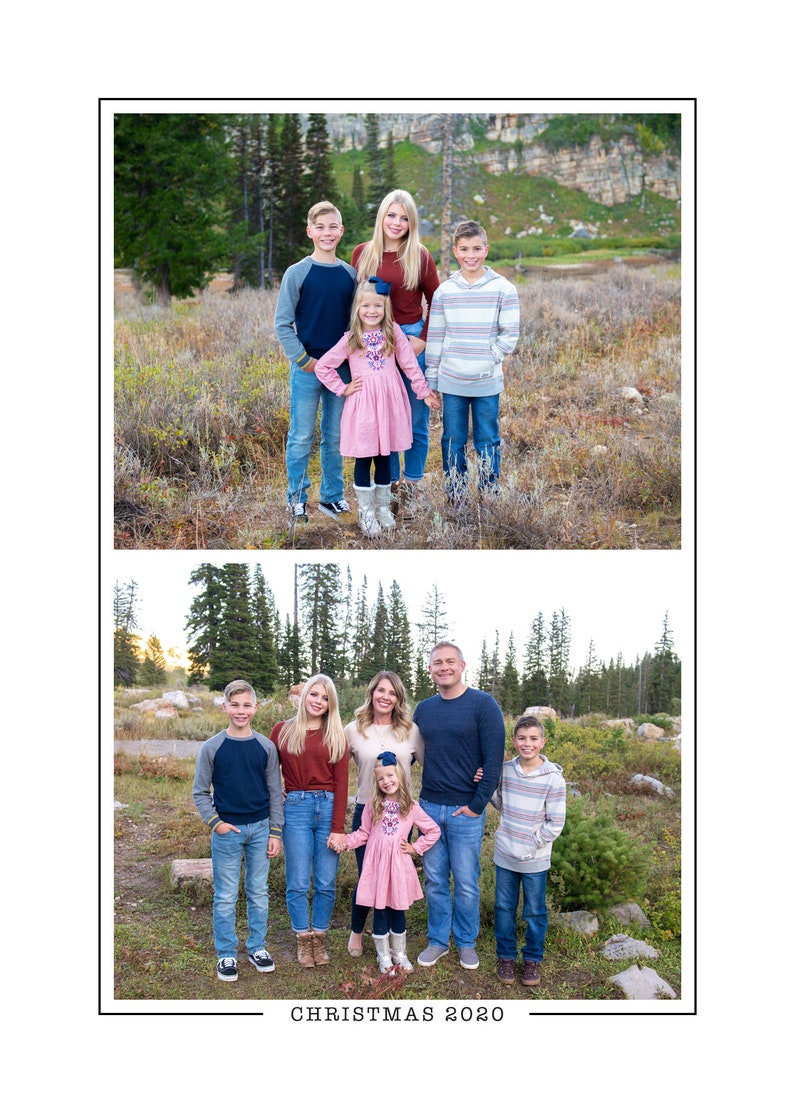 May include: A family of seven poses for a Christmas photo in a field. The family is wearing casual clothing and smiling. The photo is taken in front of a mountain range. The text "CHRISTMAS 2020" is printed at the bottom of the photo.