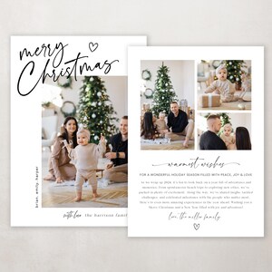 May include: A Christmas card with a white background and a photo collage of a family with a Christmas tree. The text "merry Christmas" is written in black cursive script at the top of the card. The text "warmest wishes" is written in black cursive script at the bottom of the card. The text "for a wonderful holiday season filled with peace, joy & love" is written in black text below the cursive script. The text "with love, the harrison family" is written in black text at the bottom of the card.