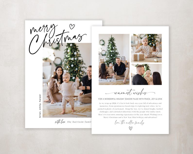 May include: A Christmas card with a white background and a photo collage of a family with a Christmas tree. The text "merry Christmas" is written in black cursive script at the top of the card. The text "warmest wishes" is written in black cursive script at the bottom of the card. The text "for a wonderful holiday season filled with peace, joy & love" is written in black text below the cursive script. The text "with love, the harrison family" is written in black text at the bottom of the card.