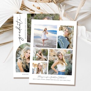 May include: A graduation announcement with a collage of photos of a young woman. The announcement includes the graduate's name, "Halee", the school name, "Bridgerton High School", and the date and time of the graduation celebration. The text reads "Please join us for a Graduation Celebration! May 27, 2023 | 6-8 PM | Jensen Park Pavilion | 320 N Main Street"