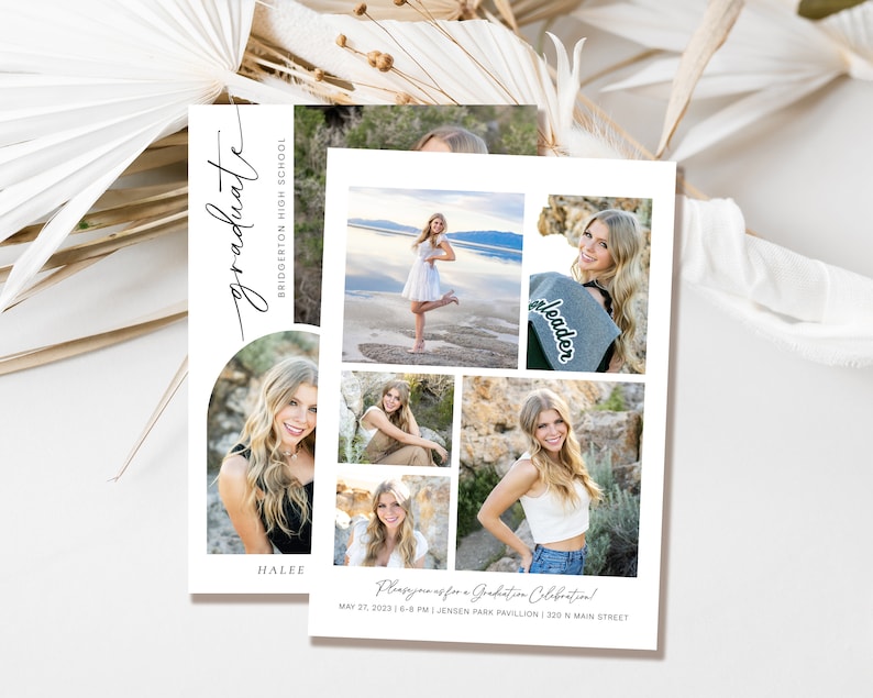 May include: A graduation announcement with a collage of photos of a young woman. The announcement includes the graduate's name, "Halee", the school name, "Bridgerton High School", and the date and time of the graduation celebration. The text reads "Please join us for a Graduation Celebration! May 27, 2023 | 6-8 PM | Jensen Park Pavilion | 320 N Main Street"