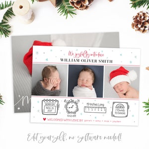 May include: A Christmas-themed birth announcement card with three photos of a newborn baby boy. The card includes the baby's name, birth date, time, weight, and length. The text "We joyfully introduce William Oliver Smith" is at the top of the card.
