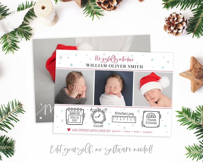 May include: A Christmas-themed birth announcement card with three photos of a newborn baby boy. The card includes the baby's name, birth date, time, weight, and length. The text "We joyfully introduce William Oliver Smith" is at the top of the card.