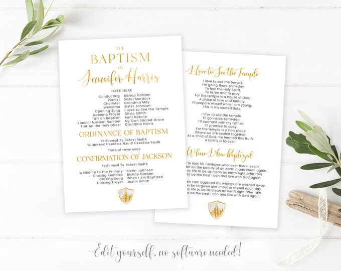 LDS Baptism Program - Minimalist - Customizable Template - Corjl Editing - Instant Download - Baptism Programs