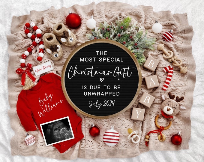 Christmas Digital Pregnancy Announcement, Social Media, Facebook, Instagram, Due in December, Boho Baby