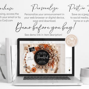 May include: A laptop screen displaying a digital design template for a Thanksgiving baby announcement. The design features a fall-themed wreath with a sign that reads "This year we are extra thankful & arriving March 2024".