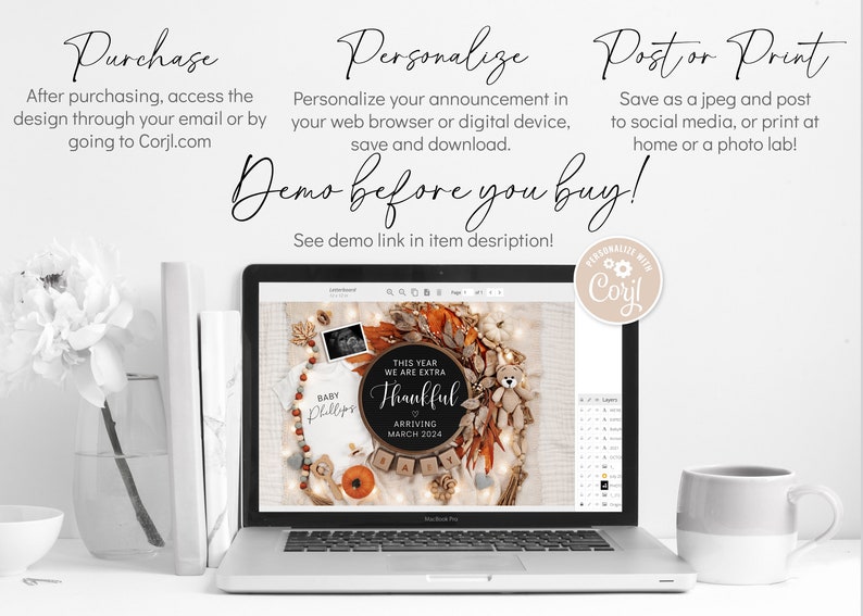 May include: A laptop screen displaying a digital design template for a Thanksgiving baby announcement. The design features a fall-themed wreath with a sign that reads "This year we are extra thankful & arriving March 2024".