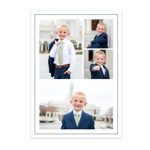May include: A collage of four photos of a young boy wearing a suit and tie. The boy is smiling in all of the photos. The photos are arranged in a grid pattern.