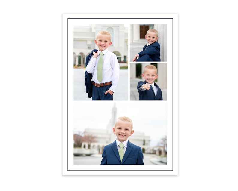 May include: A collage of four photos of a young boy wearing a suit and tie. The boy is smiling in all of the photos. The photos are arranged in a grid pattern.