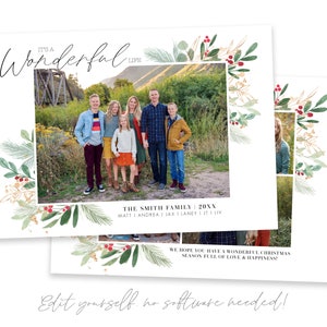 May include: A Christmas card with a watercolor illustration of greenery and berries. The card features a family photo with the text "It's a Wonderful Life" and "The Smith Family 20XX".