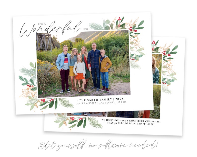 May include: A Christmas card with a watercolor illustration of greenery and berries. The card features a family photo with the text "It's a Wonderful Life" and "The Smith Family 20XX".