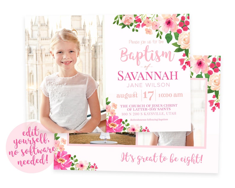 LDS Baptism Invitation Girl Floral Baptism Invitation Etsy