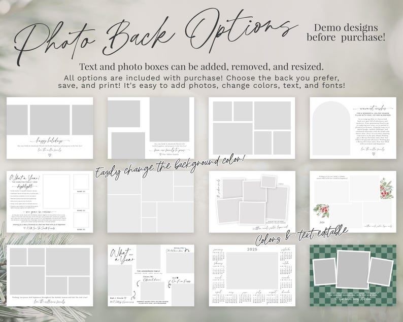 May include: A set of printable photo back templates for a scrapbook or photo album. The templates feature different layouts with photo boxes, text boxes, and a calendar. The text on the image reads "Photo Back Options", "Demo designs before purchase!" and "Easily change the background color!"