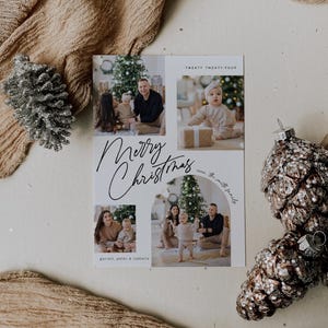 May include: A white Christmas card with a collage of family photos. The card features a Christmas tree, a family of three, and a baby in a white hat. The text on the card reads "Merry Christmas" and "Twenty Twenty-Four".