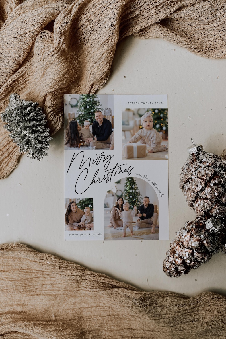 May include: A white Christmas card with a collage of family photos. The card features a Christmas tree, a family of three, and a baby in a white hat. The text on the card reads "Merry Christmas" and "Twenty Twenty-Four".