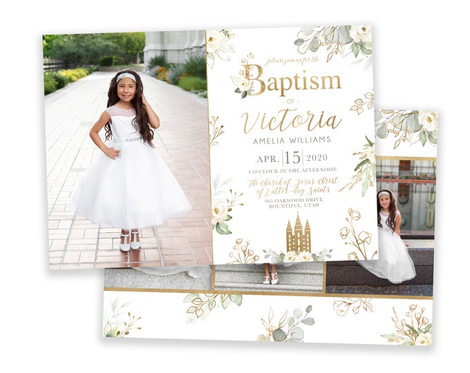 LDS Baptism Invitation Girl | Girl Floral Baptism Invitation | LDS Baptism Invitation | Baptism Invitations | Girl Baptism Invitations Gold