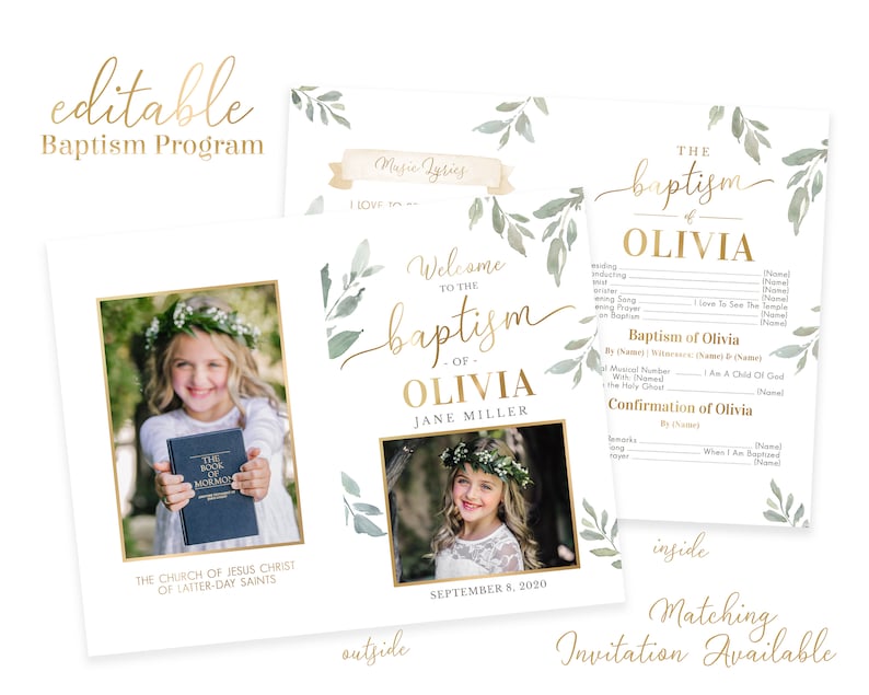 May include: A printable baptism program template with a green watercolor floral design. The program includes a welcome message, a section for music lyrics, and a section for the baptism and confirmation details. The program also features a photo of a young girl holding a book.