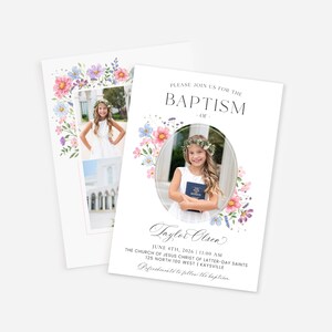 May include: Baptism invitation featuring a photo of a young girl holding a book, surrounded by a floral design in pink, blue, and purple. The invitation includes the text "Please join us for the Baptism of Taylor Olsen" and event details.