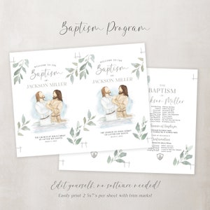 May include: A printable baptism programme with a watercolour design featuring green leaves and a cross. The programme includes the name "Jackson Miller" and the text "Welcome to the Baptism of".
