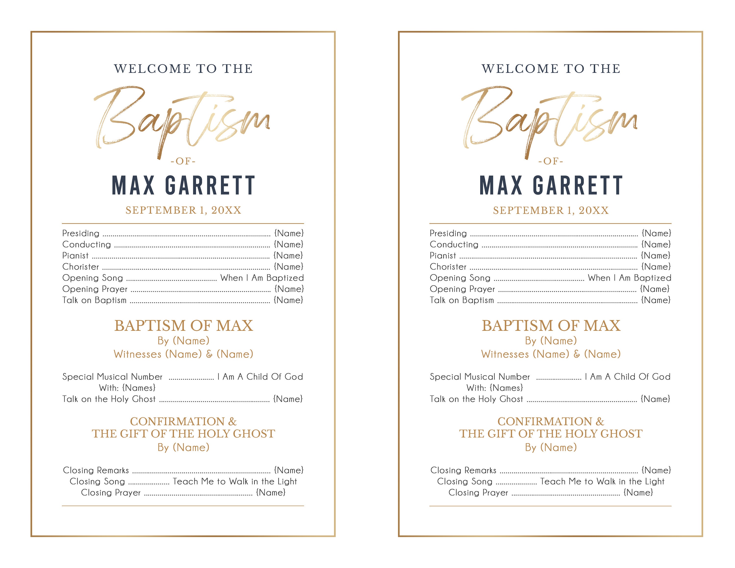 Baptism Program LDS 1 2 Sheet Baptism Program Boy LDS Baptism 